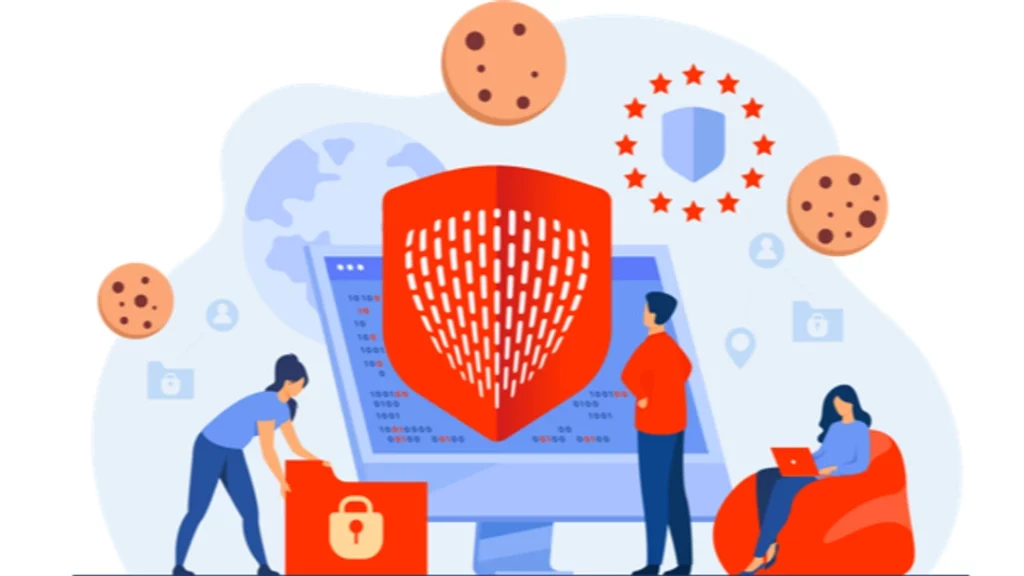 illustration en flat design avec des personnes travaillant sur la sécurité des données. Le bouclier Theneoshields orange se trouve au centre, et des cookies, sujet essentiel de la RGPD, flottent dans les airs.