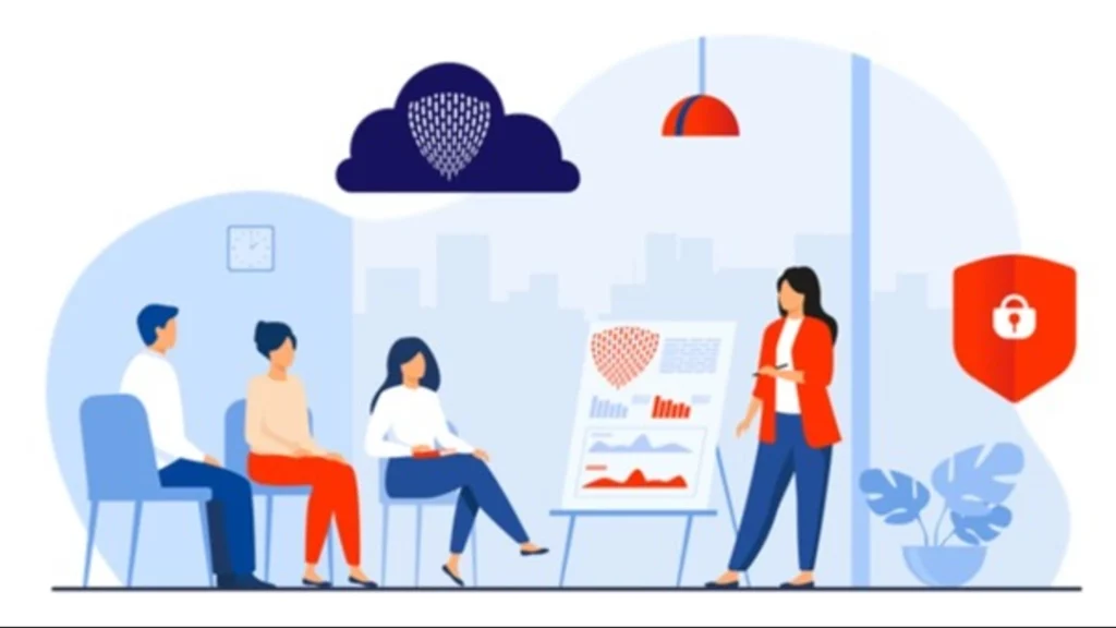 Illustration en flat design, salle de formation avec 3 personnes assises écoutant une formatrice en RGPD à côté d'un tableau blanc. Un bouclier avec le orange Theneoshields training est sur le coté, un nuage représentant le cloud est en hauteur avec le logo du bouclier de Theneoshields