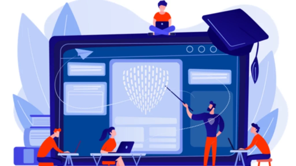 Flat design d'un formateur présentant les informations indispensables à la conformité RGPD à des apprenants.