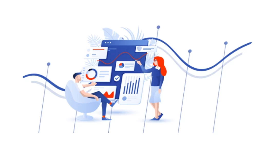 Flat design de deux personnes devant un dashboard d'analyse marketing