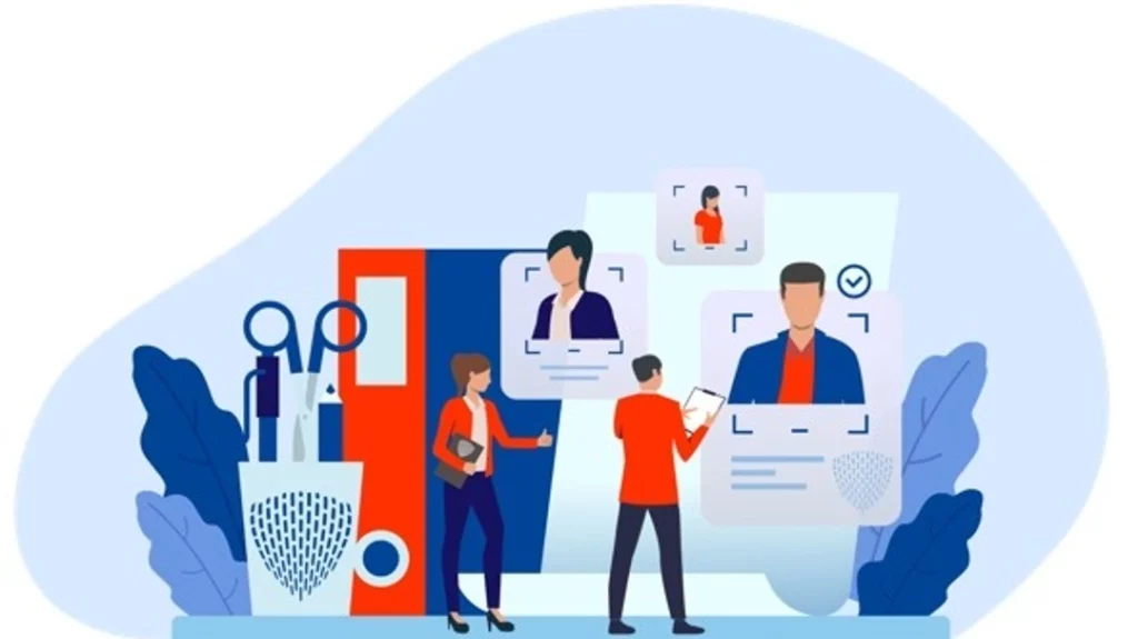 Flat design d'équipes de ressources humaines analysant des candidatures en conformité avec la RGPD