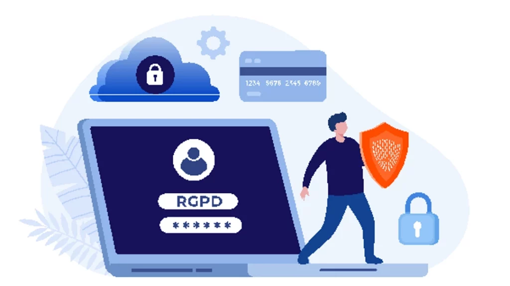 illustration en flat design avec des éléments graphique rappelant le RGPD : nuange (cloud) avec un cadenas, ordinateur avec écran marqué RGPD et un champ de mot de passe, carte de paiement et un homme tenant un bouclier avec le orange de Theneoshields training