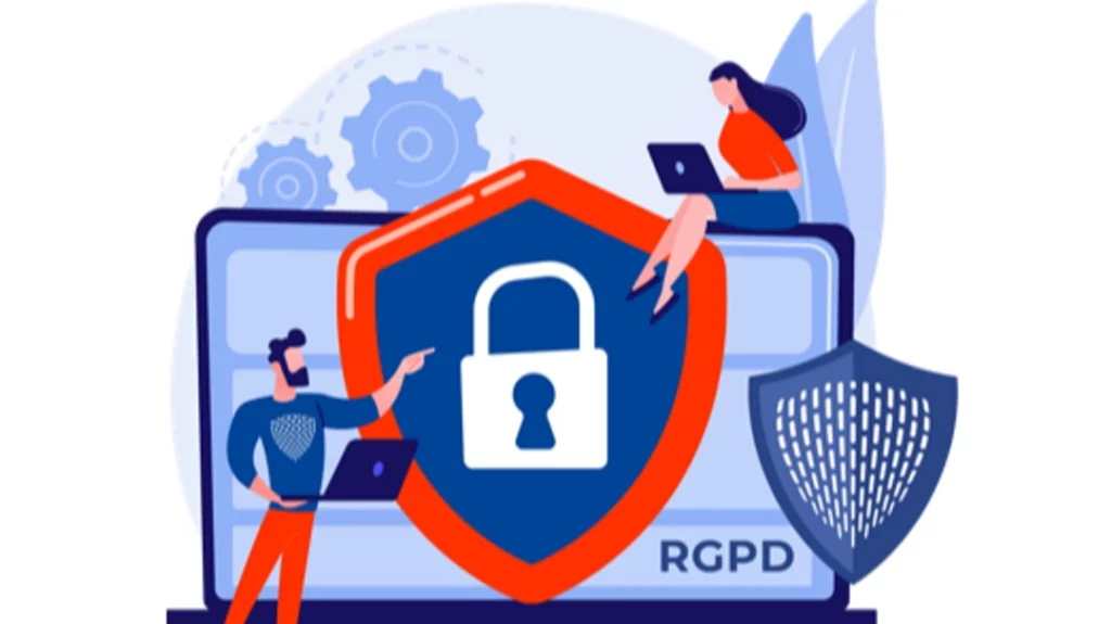 Flat design de deux personnes autour d'un laptop avec un bouclier contenant un cadenas, et un bouclier Theneoshields en bas a droite.