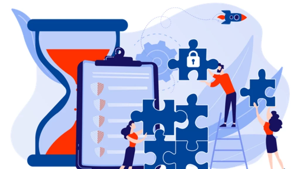 Flat design de personnes assemblant un puzzle, dont une pièce possède un cadenas rappelant la sécurité. Une checklist complète est présente pour aider à être en conformité.